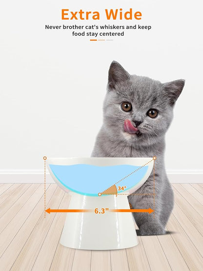 LoeJan Elevated Cat Food and Water Bowls Set, Extra Wide and Raised Ceramic Bowls, Anti-Vomit Whisker-Free Pressure Cat Feeder for Kittens to Adult Cats and Small Dogs (White, Water Bowl)
