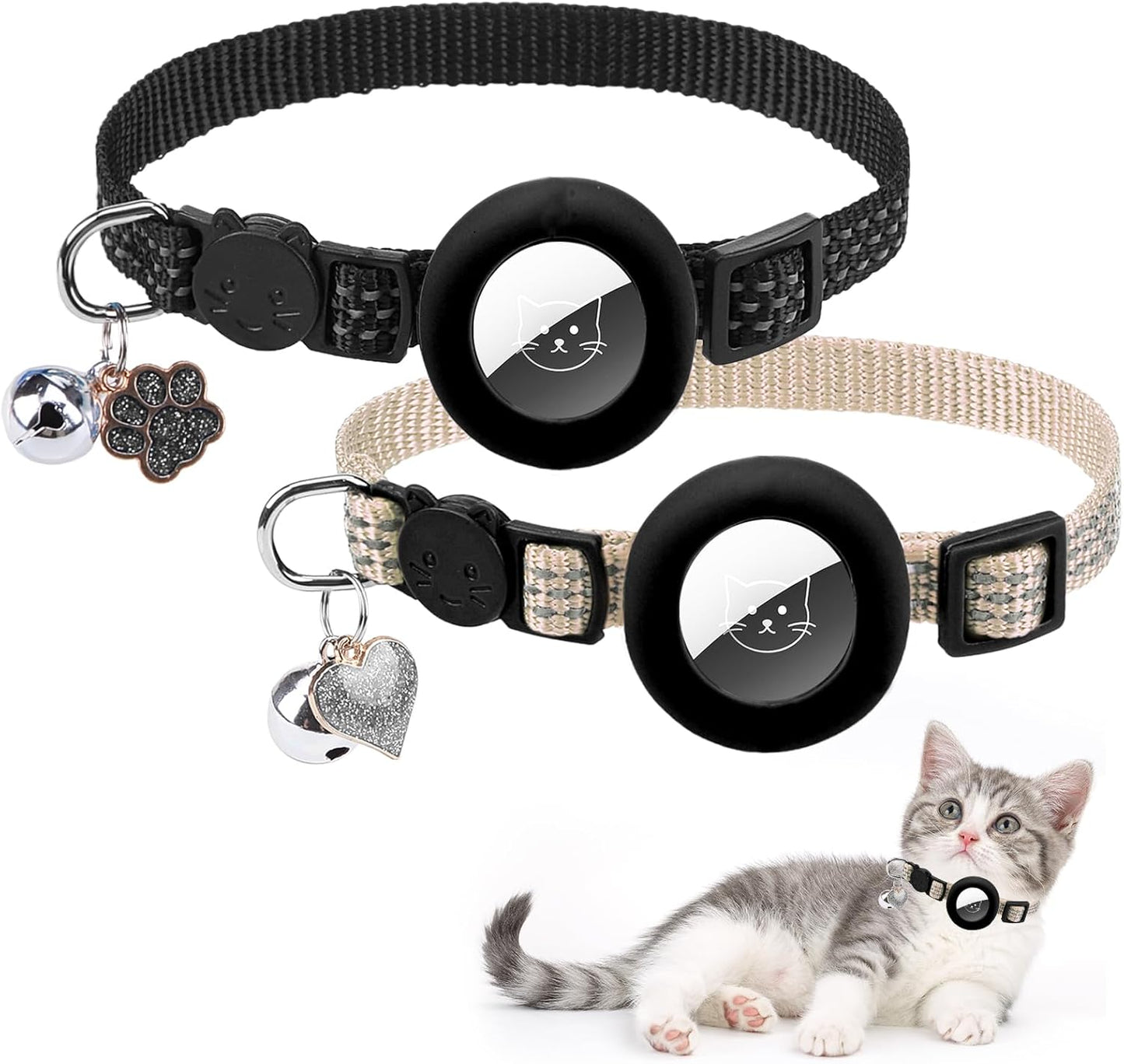 PUPTECK Airtag Cat Collar Breakaway 2 Pack with Bells, Reflective Kitten Collar with Air Tag Holder for Boy Girl Kitty and Puppies, Soft, Black & Beige