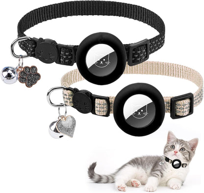 PUPTECK Airtag Cat Collar Breakaway 2 Pack with Bells, Reflective Kitten Collar with Air Tag Holder for Boy Girl Kitty and Puppies, Soft, Black & Beige