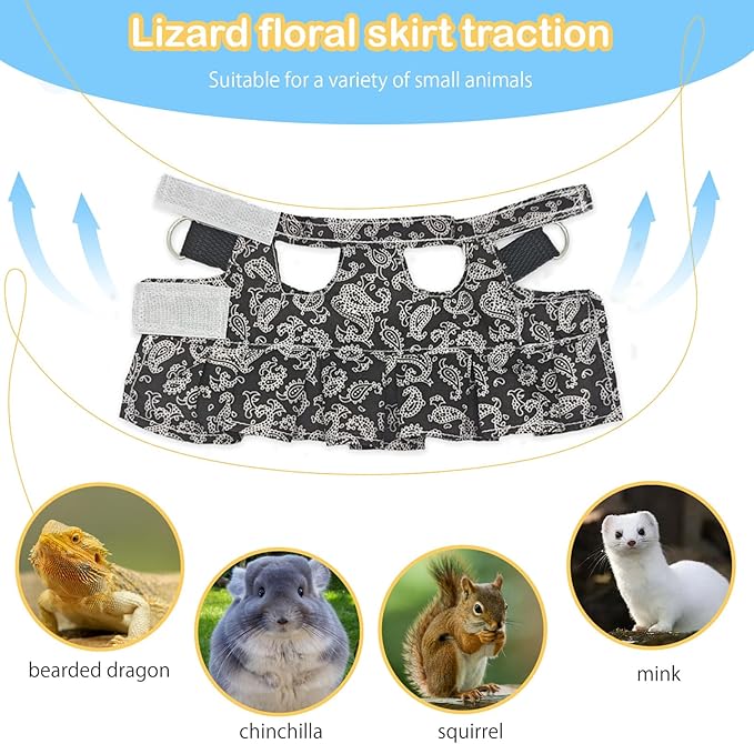 Lizard Harness Dress and Leash, Adjustable Hamster Ferret Harness and Leash Set, No-Pull Walking Vest for Lizard Small Animal Gecko Chameleon (Black S