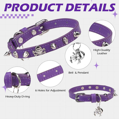 EXPAWLORER Leather Cat Collar for Girl Boy- Adjustable Pet Collar with Safety Elastic Belt,Personalized Punk Accessories Buckle Collars with Bell & Durable D-Ring,Rivet(Purple)