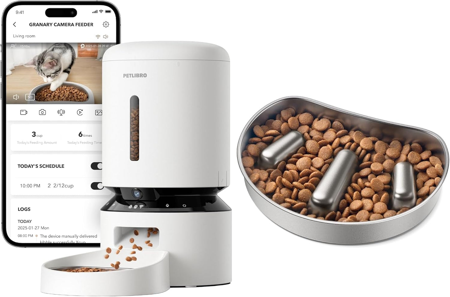 Bundle of PETLIBRO Automatic Cat Feeder with Camera, 1080P HD Video with Night Vision + PETLIBRO Slow Feeder Bowl for Small Dogs & Cats, 1.125 Cup— Anti-Gulp Stainless Steel Dog & Cat Bowl