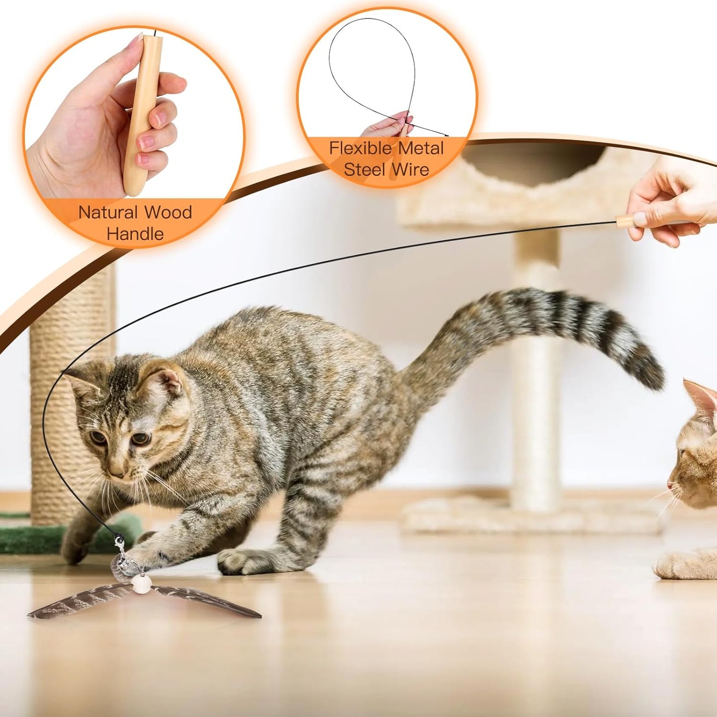 Cat Toys Interactive for Indoor Cats, Cat Wand Toys with 3 Feather Refills, Sturdy Wood Handle with Flexible Steel Wire for Kitten, Feather Toys Refills for Bored Indoor Adult Cats