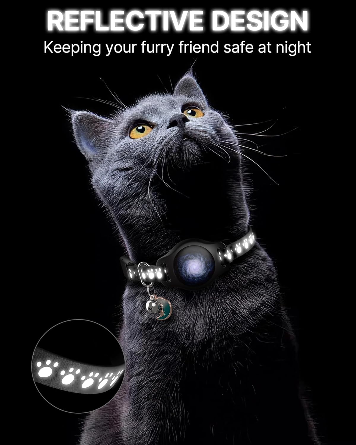 Cat Tracker Collar Waterproof Airtag Cat Collar with Finder Tag (iOS ONLY Not for Android Devices), Compatible with Apple Find My, Breakaway Tractive with Reflective Pattern & Bell, Black, 8-12"