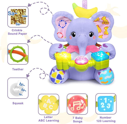 Baby Elephant Musical Stuffed Animals Toy with Light-Up Music & Crinkle Sound Paper,Infant Bilingual Early Learning Education Toys,Tummy Time Toys for 0-3-6-12+ Months Boy Girl, Purple