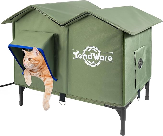 Heated Cat House for Outside Outdoor Cat House with Elevated Base Cat-Attracting Eave Design Feral Stray Shelter Weatherproof in Winter Garage Yard Porch Size L