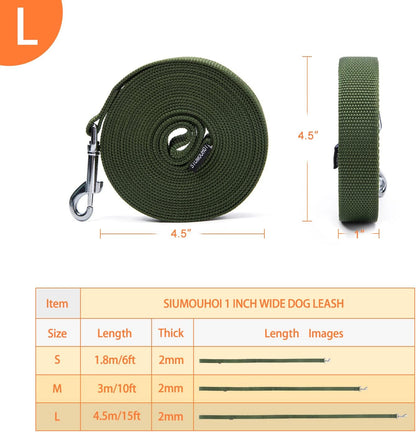 Strong Durable Nylon Dog Training Leash, 1 Inch Wide Traction Rope, 6 ft 10ft 15ft Long, for Small and Medium Dog (Military Green, 15 Feet)