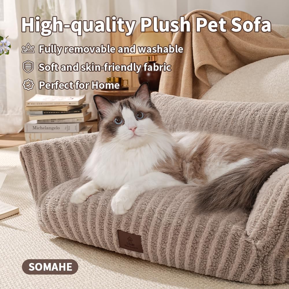 Cozy Couch for Cats Fluffy Pet Sofa with Premium Soft Fleece Fuzzy Cat Beds for Indoor Cat with Removable Washable Cover Supportive Pet Bed 24×18inch Blue