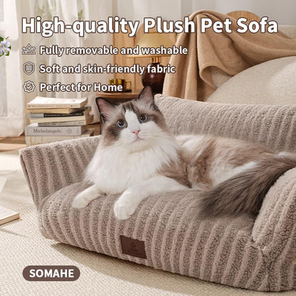 Cozy Couch for Cats Fluffy Pet Sofa with Premium Soft Fleece Fuzzy Cat Beds for Indoor Cat with Removable Washable Cover Supportive Pet Bed 24×18inch Coffee