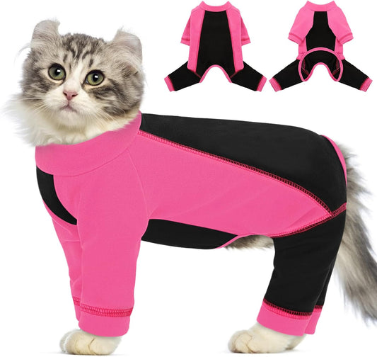 SUNFURA Hair Sticky Cat Clothes, Cat Sweater for Cats Only, 4-Legged Fleece Sweaters Kitten Pajamas Reduce Shedding Fur, Warm Pullover Shirts for Cats, Pink M