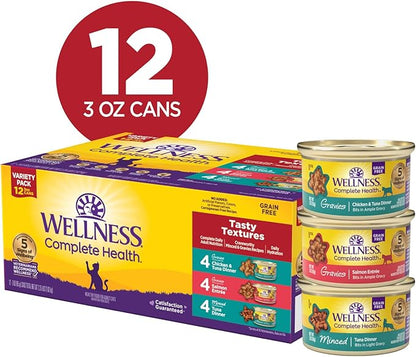 Wellness Complete Health Tasty Textures Gravy & Minced Adult Wet Cat Food, Natural, Protein-Rich, Grain Free, 3 Ounce, 12 Pack, (Salmon, Tuna, and Chicken Variety Pack)