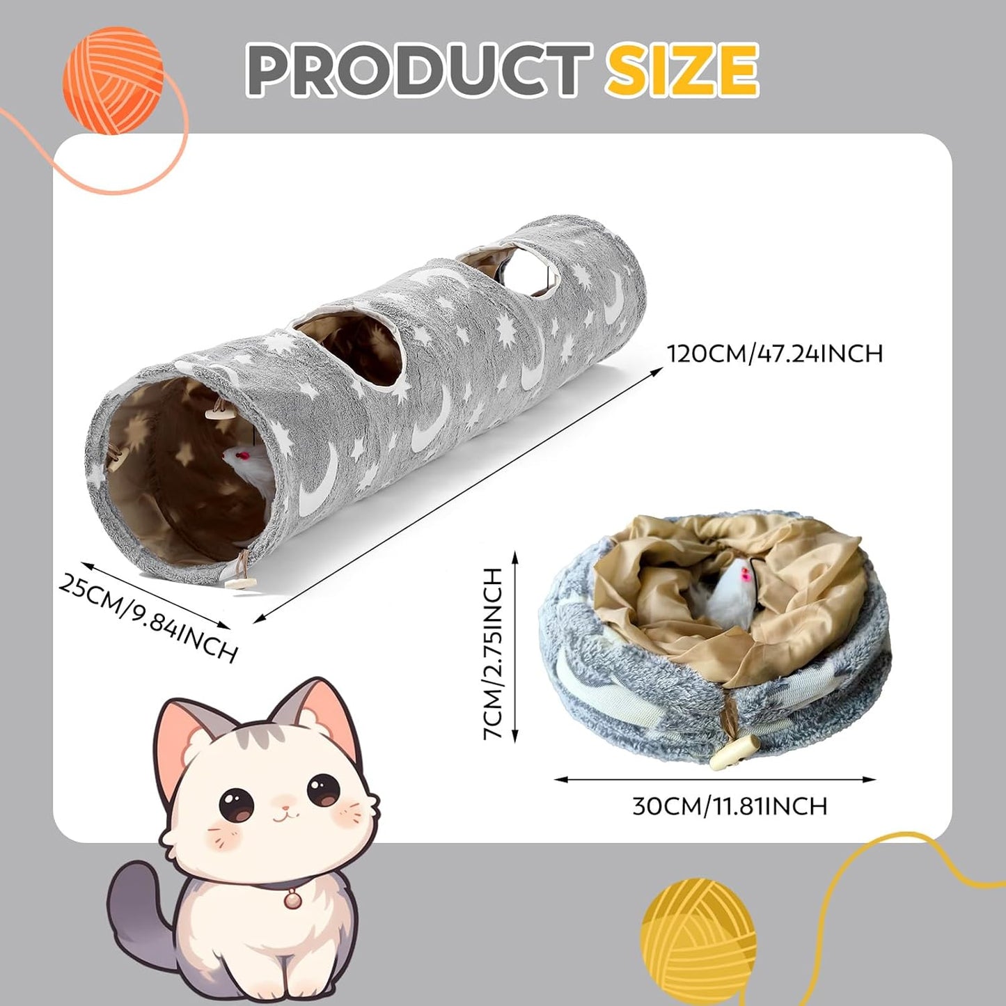 Cat Tunnels for Indoor Cats with Plush Toys Glows in The Dark Dog Cat Tunnel Tube Toys Photoluminescent for Indoor Cats Small Dogs Puppy Kitten Rabbit Bunny Ferret Pet Gray