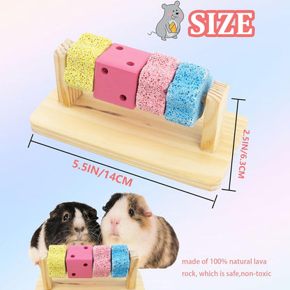 Guinea Pig Chew Toys for Teeth, Natural Hamster Lava Grinding Stone, Adds Calcium to Diet, Rotating Rat Enrichment Toys Wood Stand for Syrian & Dwarf Hamsters, Rats, Guinea Pig, Chinchillas