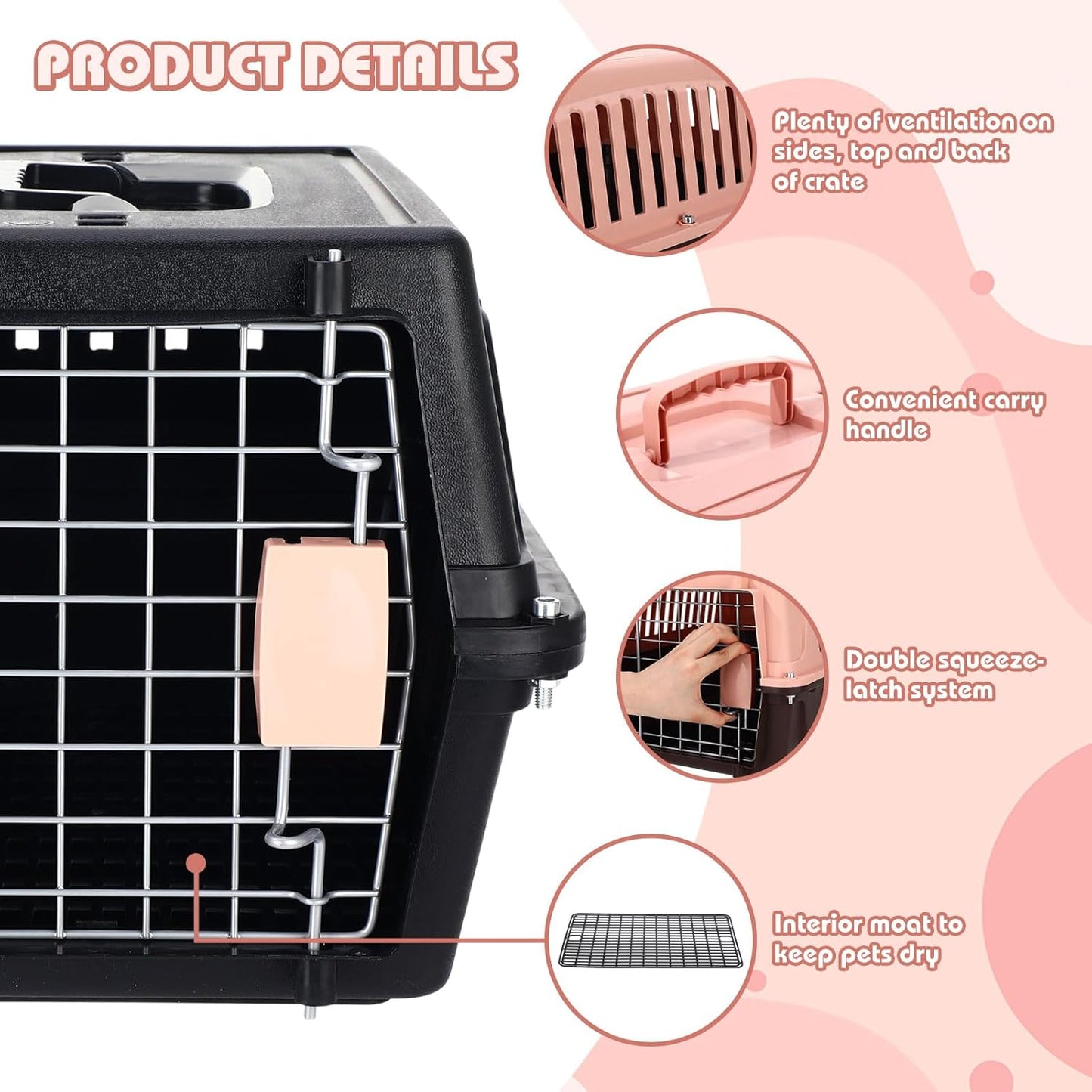 2 Set Pet Carrier for Small Dogs and Cat, Hard Shell Plastic Dog Crate with Bowl and Cooling Pad Fully Breathable Portable Kennel for Small Pet Travel Camp(Black,18.9 x 12.6 x 11.8 Inch)