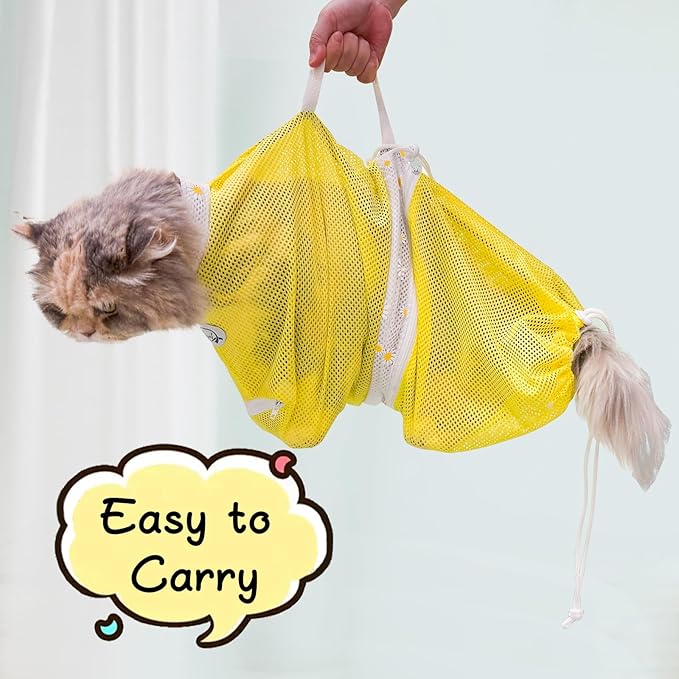 Cinf Cat Bathing Bag, Breathable Mesh Anti Scratch Adjustable Cat Grooming Bag for Nail Trimming, Bathing Soft Cat Washing Bag(Yellow) L