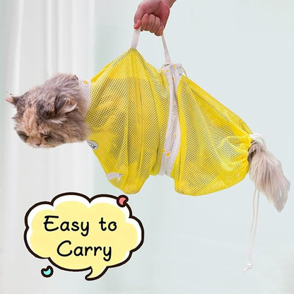 Cinf Cat Bathing Bag, Breathable Mesh Anti Scratch Adjustable Cat Grooming Bag for Nail Trimming, Bathing Soft Cat Washing Bag(Yellow) L