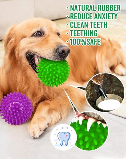 4.5” Heavy Duty Squeaky Dog Balls for Medium Large Dogs, Dog Toys for Aggressive Chewers, Spike Ball Toys for Clean Teeth and Training(2 Pack) (4.5" Purple and Green)