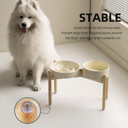 Ceramic Raised Slow Feeder Dog Bowl Set, Elevated 8.2inch Bowl and 9.5inch Puzzle Slow Food Dish with Wooden Stand for Large Dog, Anti-Gulping (2X Beige+ Stand)
