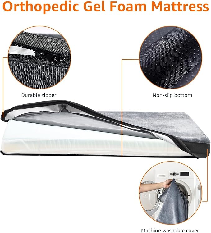 Amazon Basics Dog Bed with Cooling Gel Memory Foam, Pressure-Relief Support for Dogs up to 120lbs, Non-Slip Bottom, Machine Washable Cover, Giant Sized (50" x 34"), Grey