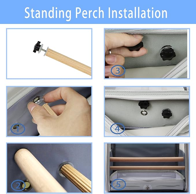 Texsens Bird Carrier Backpack - Pet Travel Cage with Upgraded Tray and Standing Perches, Breathable & Portable, for Small Birds, Green Cheek, Cockatiel, Parrot (Grey)