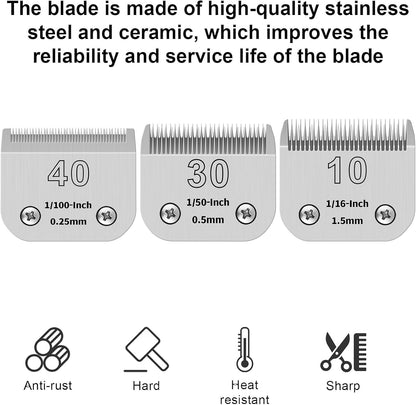 3PACK Dog Grooming Clipper Replacement Blades Compatible with Andis Pet Clipper/Oster A5/Wahl KM Series Dog Clipper,Ceramic Blade & Stainless Steel Blade (10#+30#+40#)