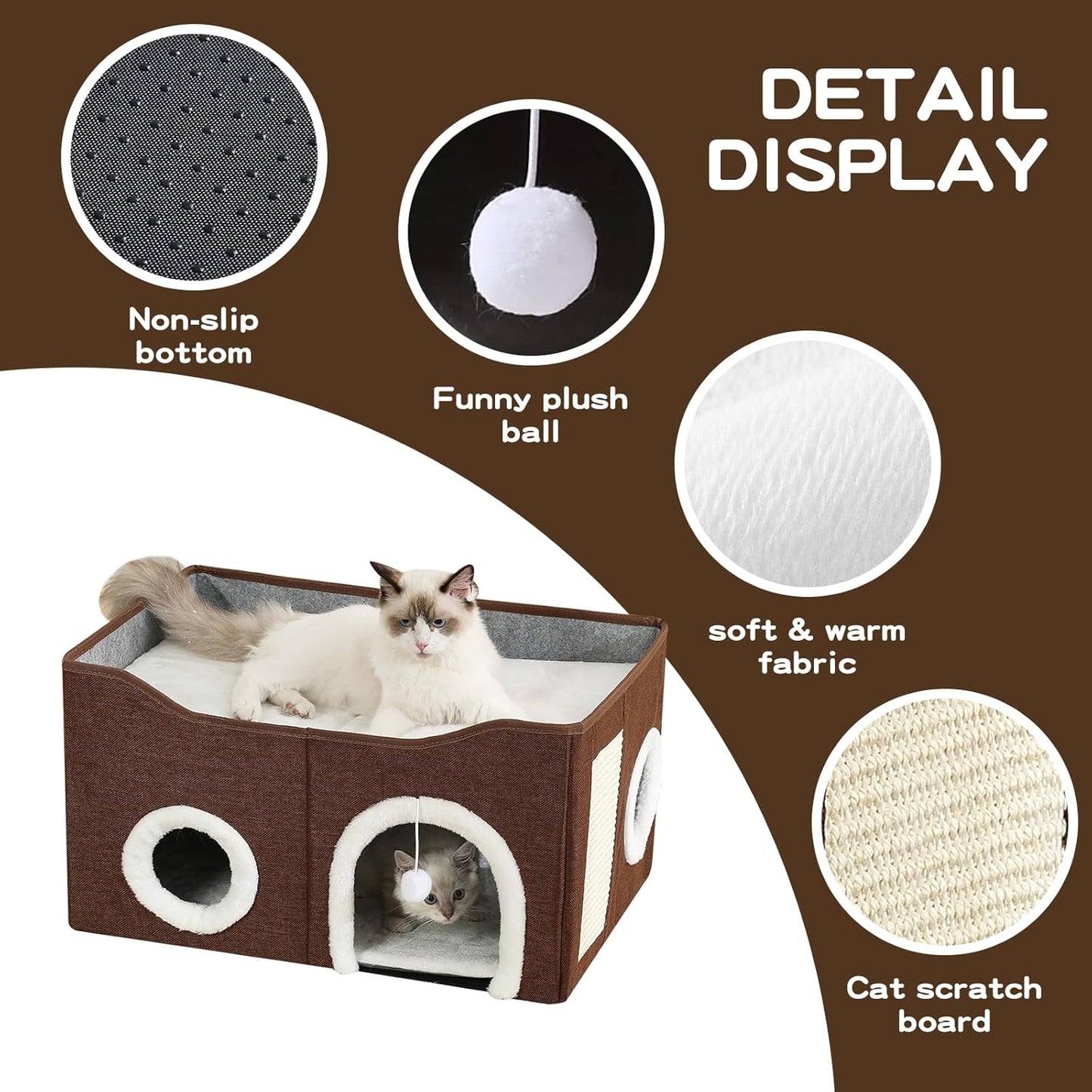 Large Cat Bed for Indoor Cats, Extra Wide Cat Cave House with Scratch Pad and Fluffy Ball, Foldable Cat Hideaway for Kitten Bed, Cat Condo for Cats (Brown, X-Large)