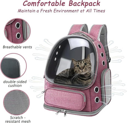Cat Carrier with Groomer, Breathable Cat Bubble Carrier for Cats or Small Dogs up to 20 lbs, Collapsible Airline Approved, Clear Cat Travel Backpack (Pink)