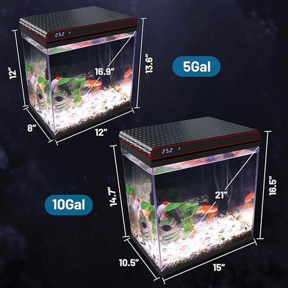 5 Gallon Glass Fish Tank Aquarium Starter Kit - Self-Cleaning, Ultra-Quiet Filter Pump, 3-Color LED Lights, Smart Temp Monitoring for Betta Fish, Shrimp, Kids Gift