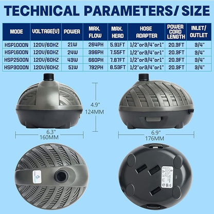 WaterRebirth HSP2500N Submersible Water Pump - Turtle Shell Design - 660GPH - Black - Modern Unique - Pond & Aquarium Water Pump