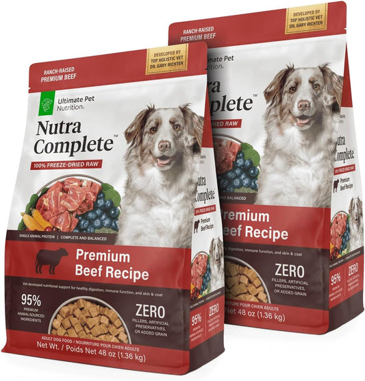 ULTIMATE PET NUTRITION Nutra Complete, 100% Freeze Dried Veterinarian Formulated Raw Dog Food with Antioxidants Prebiotics and Amino Acids, (3 Pound (Pack of 2), Beef)