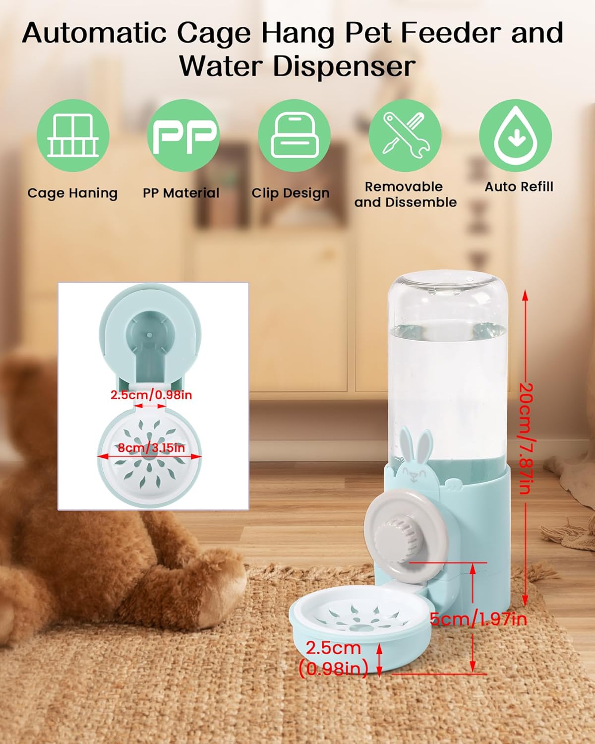 Hanging Automatic Pet Water Dispenser, Auto Siphon Rabbit Ferret Bunny Hedgehog Waterer Dispenser, Cat Dog Water Bowl for Cage Hanging (Light Blue)