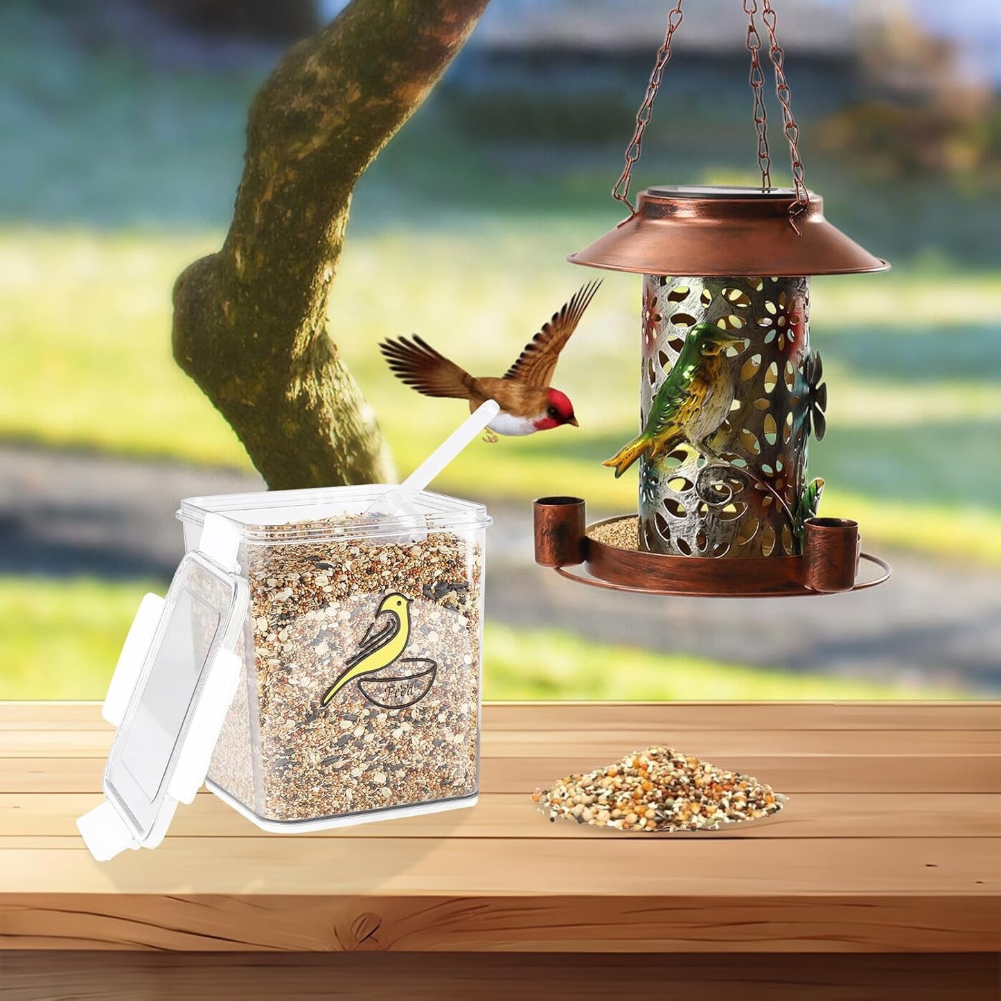 Bird Seed Storage Container-Airtight Bird Food Container-5-6lb/4.2 l Pet Food Storage Containers with Bird Seed Scoop-Wild Bird Seed Dispenser-forPetBirds Parakeets Finches Food MealwormsStorage/Clear