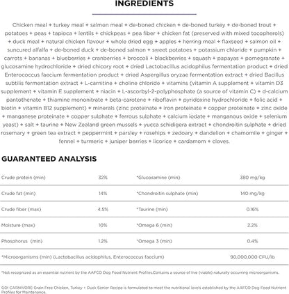 Go! Solutions Carnivore, Grain-Free, Protein Rich Dry Dog Food, Chicken, Turkey and Duck Senior Recipe, 3.5 lb Bag
