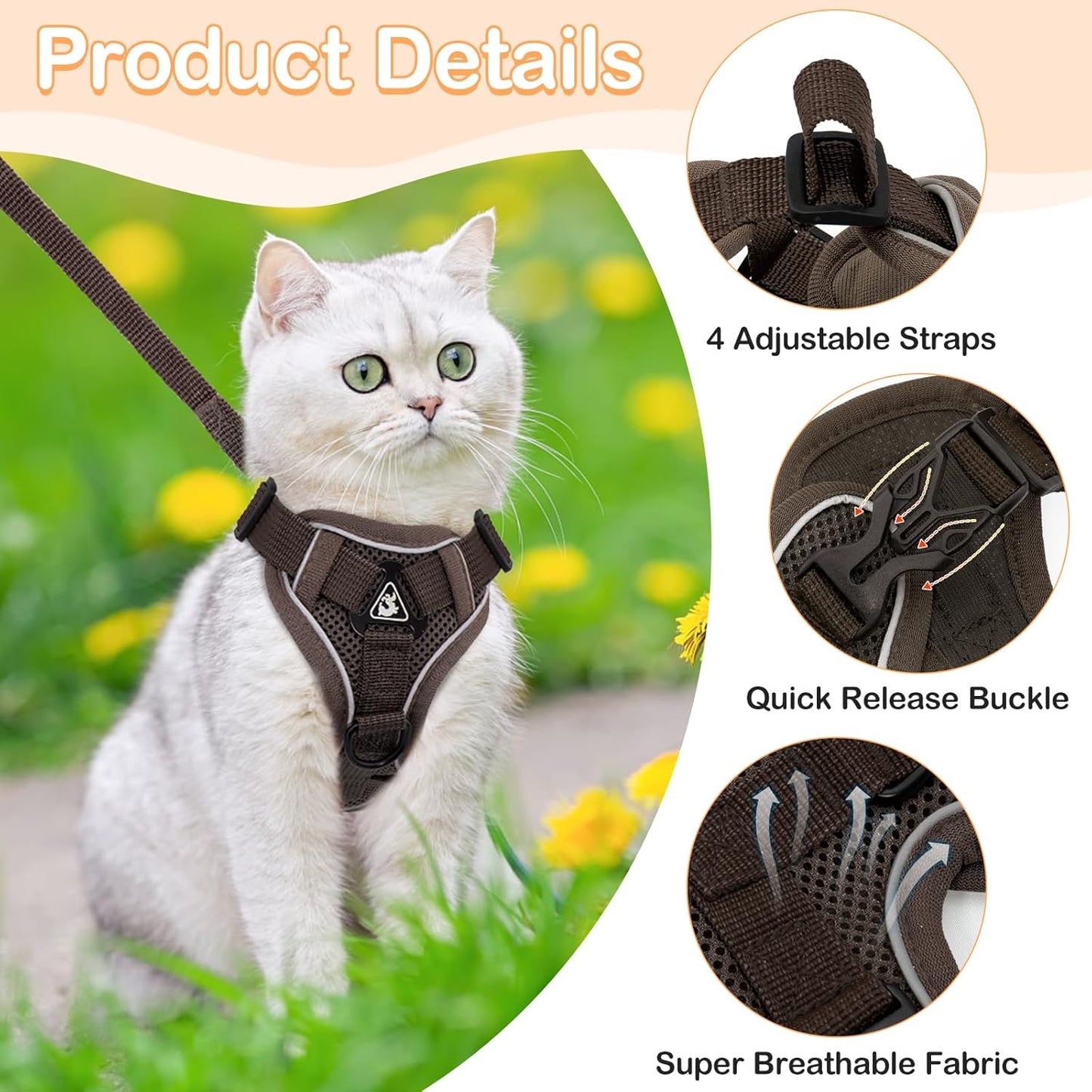Cat Harness and Leash for Walking Soft Cat Harness Escape Proof, Adjustable Kitten Harness Cat Leash Reflective Strips Jacket, Breathable Cat Vest Harness Set for Kitten Easy to Wear Outdoor Walking