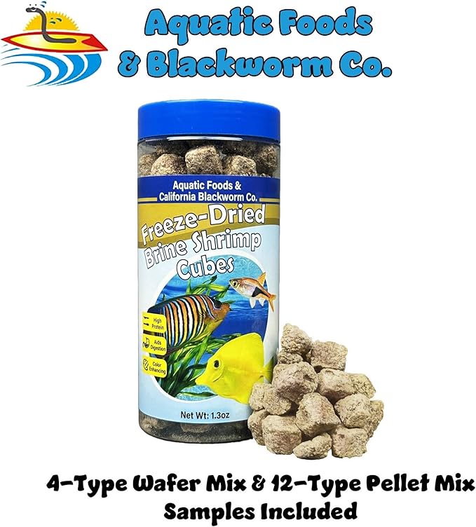 Aquatic Foods Inc. Brine Shrimp, Freeze Dried Floating Brine Cubes for Cichlids, Discus, Tetras, Goldfish, Bettas, Angel Fish, Marines, All Tropicals, Aquatic Turtles 1.3oz Canister