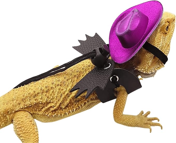 Adjustable Bearded Dragon Leash Harness with Hat Set,3 Size Pack Leather Wings Safty Walking Leash for Bearded Dragon Lizard Reptiles (Purple Hat and Black Harness Set)
