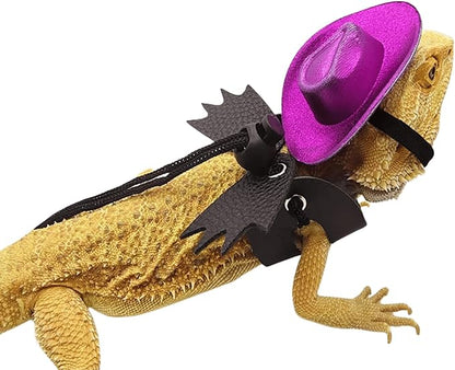 Adjustable Bearded Dragon Leash Harness with Hat Set,3 Size Pack Leather Wings Safty Walking Leash for Bearded Dragon Lizard Reptiles (Purple Hat and Black Harness Set)