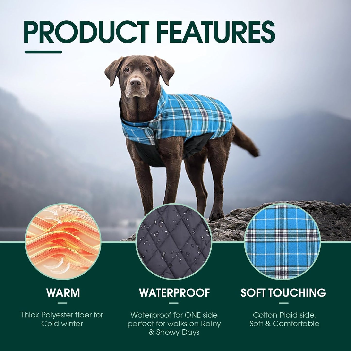 Kuoser Warm Dog Coat, Waterproof Dog Coats for X-Small Dogs, Adjustable Durable Doggie Winter Jacket Reversible Cozy Puppy Cold Weather Apparel from Small to Large Breed, Blue XS