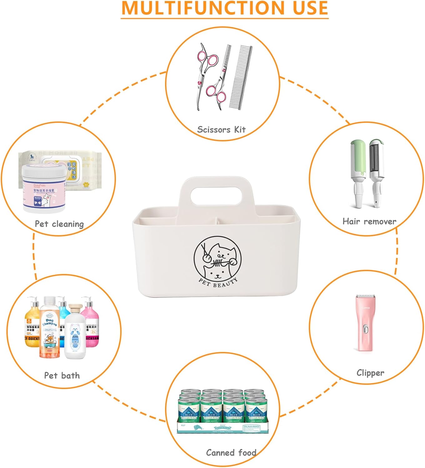 Minimalist White Dog Cat Grooming Supplies Organizer, Portable Caddy with 5 Compartments