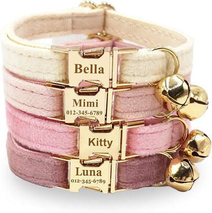 Personalized Colorful Velvet Cat Collar, Optional Bowtie, Custom Engraved Collar for Small Large Cat Kitten (Light Gold Buckle)