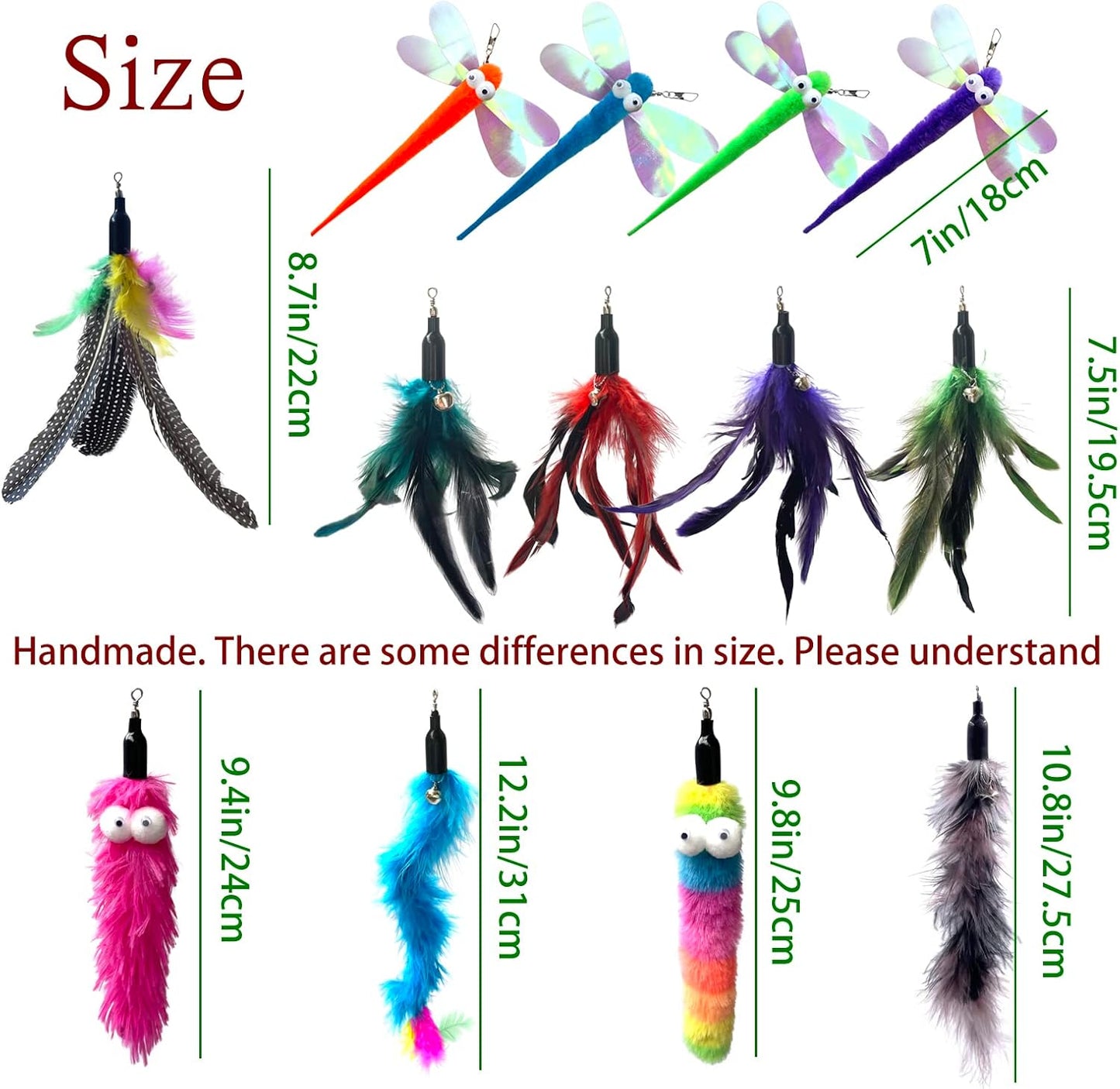 Cat Worm & Dragonfly Teaser Wand Attachments - 13 Pcs Assorted Refills with Bell