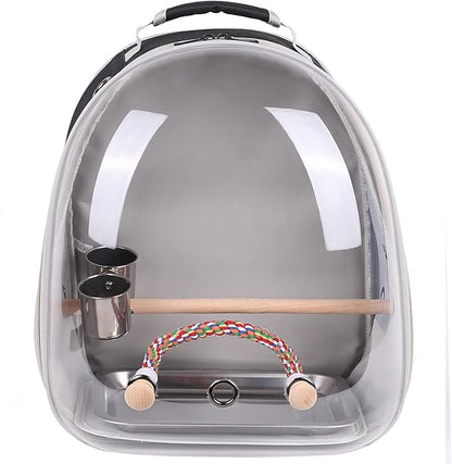 Bird Traval Carrier Cage, Multi Vent Holes Clear Space Capsule Astronaut Backpack to Carry Parakeet Cockatiel Parrot with Metal Tray Wood Perch, Vet Transport Book Bag