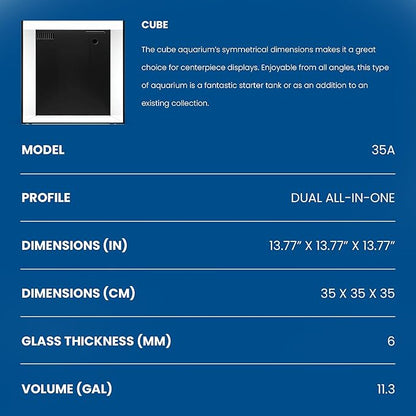 Ultum Nature Systems Dual AIO - Freshwater/Saltwater Compatible All in One Rimless Tank with Triple Chamber Filtration System, Integrated Filter Aquarium w/Leveling Mat - 11 Gallon, 35A, Black