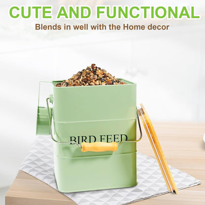 Metal Bird Seeds storage container,Outdoor Bird Food Container Canister, Pet Food Bin with Wooden Lid/Handle/Food scoop,hold 5-6 Lbs of Wild Bird Seed Sunflower Seed-Preventing Squirrels-Green