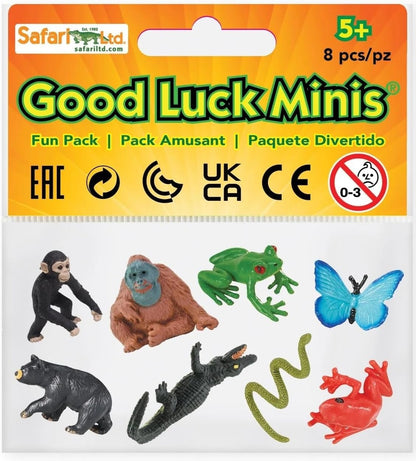 Safari Ltd. Good Luck Minis Rainforest Fun Pack – 8 Mini Figurines Including Snake, Frogs, Butterfly, Chimpanzee, Orangutan, Caiman, Bear – Educational Toy Figures for Boys, Girls & Kids Ages 5+