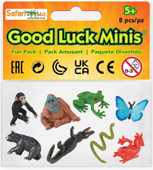Safari Ltd. Good Luck Minis Rainforest Fun Pack – 8 Mini Figurines Including Snake, Frogs, Butterfly, Chimpanzee, Orangutan, Caiman, Bear – Educational Toy Figures for Boys, Girls & Kids Ages 5+