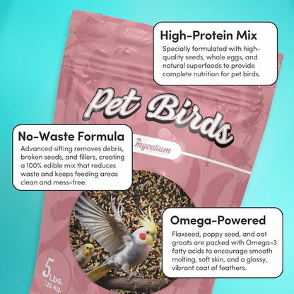 Mycelium Pet Bird Protein | High-Protein Bird Seed for Canaries, Parrotlets, Parakeets | Organic Mix with Vitamins, Nyjer, Egg, Canary & Flaxseed | Feather & Energy Support | Non-GMO 5 lb Bag