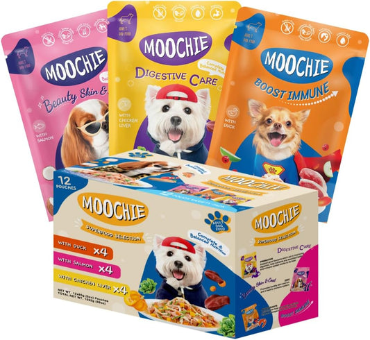 MOOCHIE Soft Wet Dog Food - Superfood Selection - Duck, Salmon & Chicken Liver Flavors - No Artificial Flavors or Preservative -12 x 2.5 oz Pouch