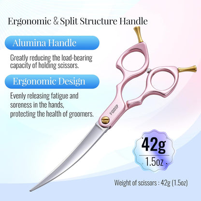 Professional Curved Dog Grooming Scissors with Sharper Self Grinding lightweight and finely trimmed split structure 6.5'' Japan VG10 63HRC for small dogs cat pet(Pink)