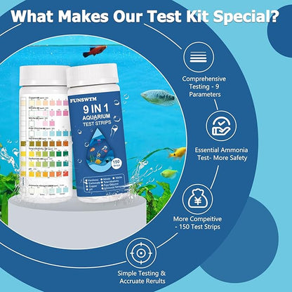 Aquarium Test Strips for Fish Tank: 9 in 1 Aquarium Water Test Kit for Freshwater - 150ct Fish Test Strips Testing Ammonia pH Nitrate Chlorine Nitrite Hardness Alkalinity Copper